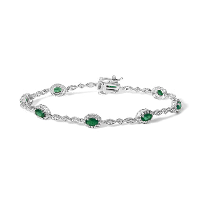10K White Gold Oval Green Emerald & Diamond Alternating Link Bracelet