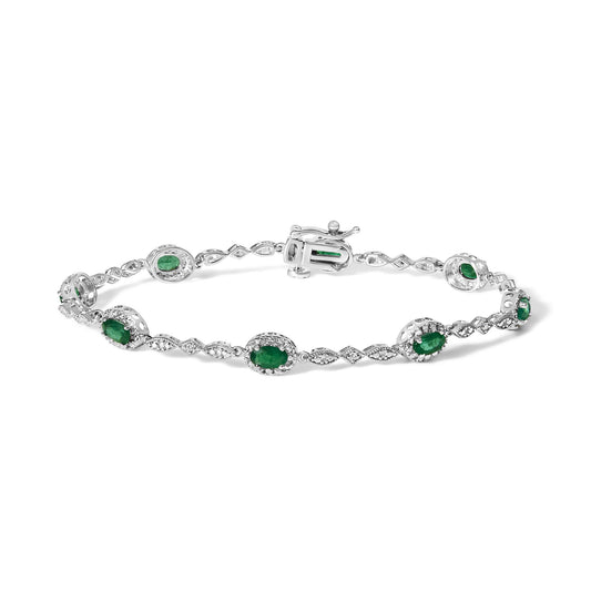 10K White Gold Oval Green Emerald & Diamond Alternating Link Bracelet