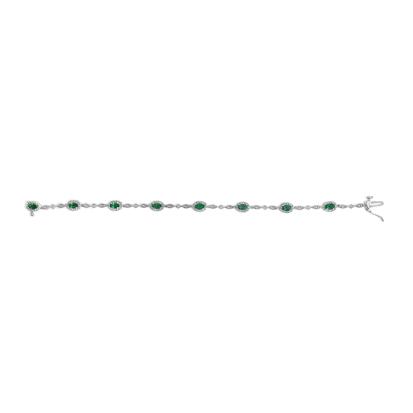 10K White Gold Oval Green Emerald & Diamond Alternating Link Bracelet