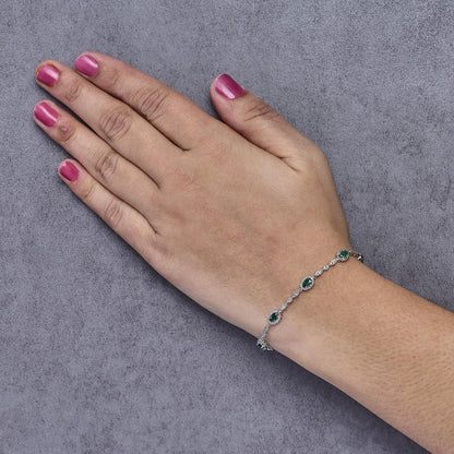 10K White Gold Oval Green Emerald & Diamond Alternating Link Bracelet