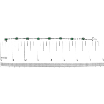 10K White Gold Oval Green Emerald & Diamond Alternating Link Bracelet