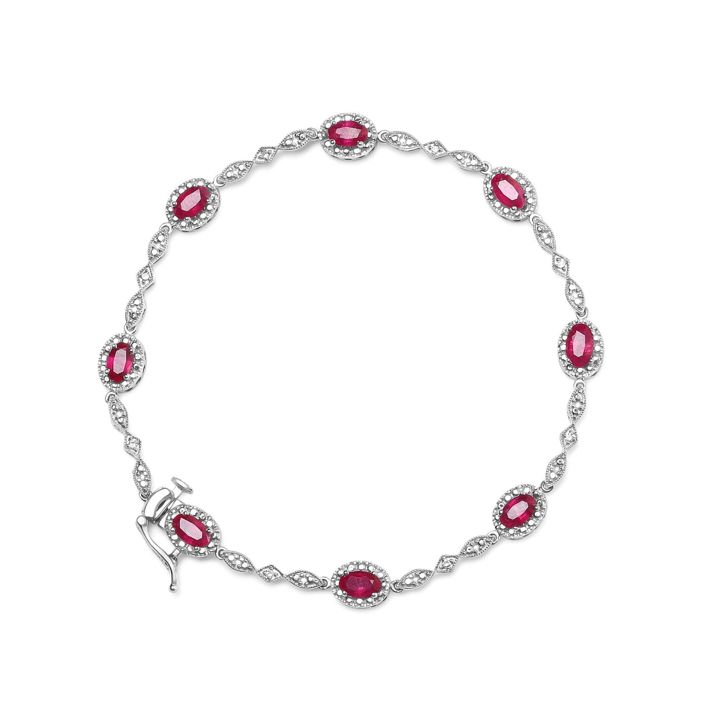 Top-down view of white metal bracelet with alternating oval red gemstones surrounded by small white gemstones and marquise-shaped links with white gemstones.