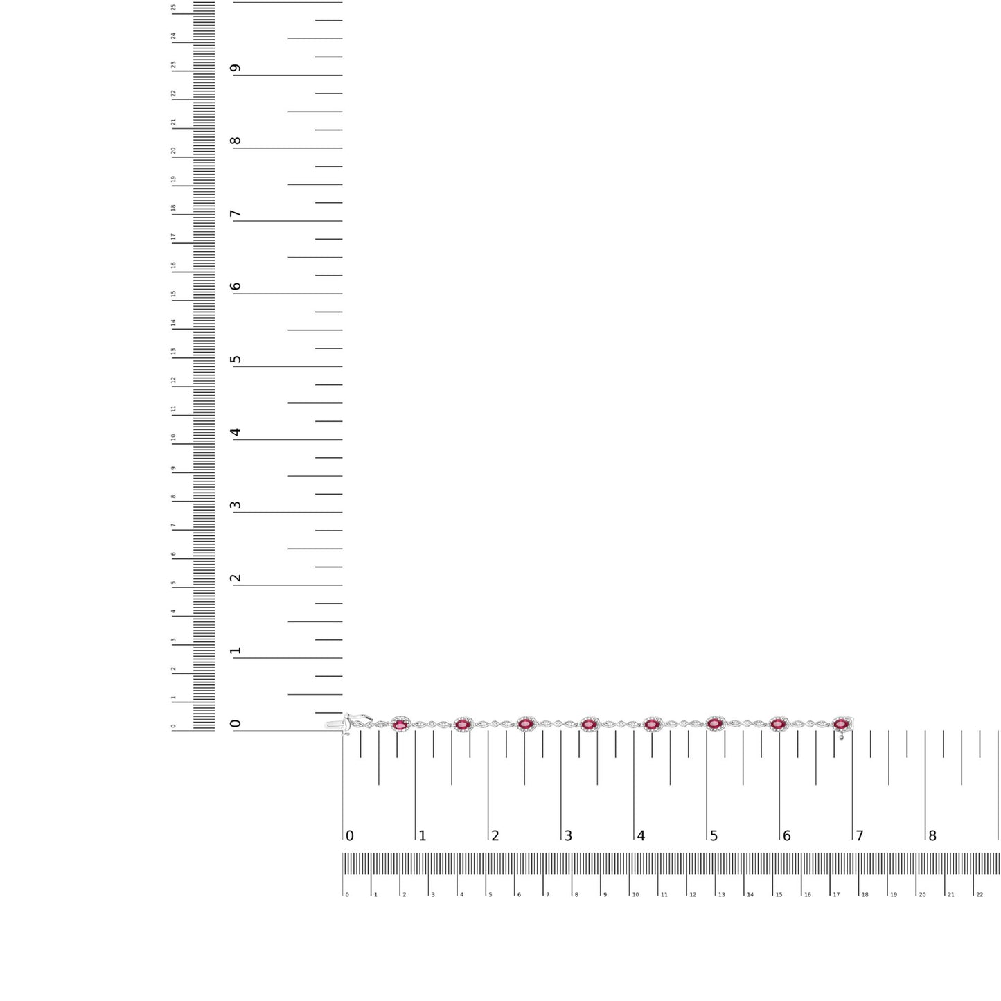 Bracelet with alternating red and white gemstones in prong settings on white metal, laid flat on rulers for size reference, top-down angle.