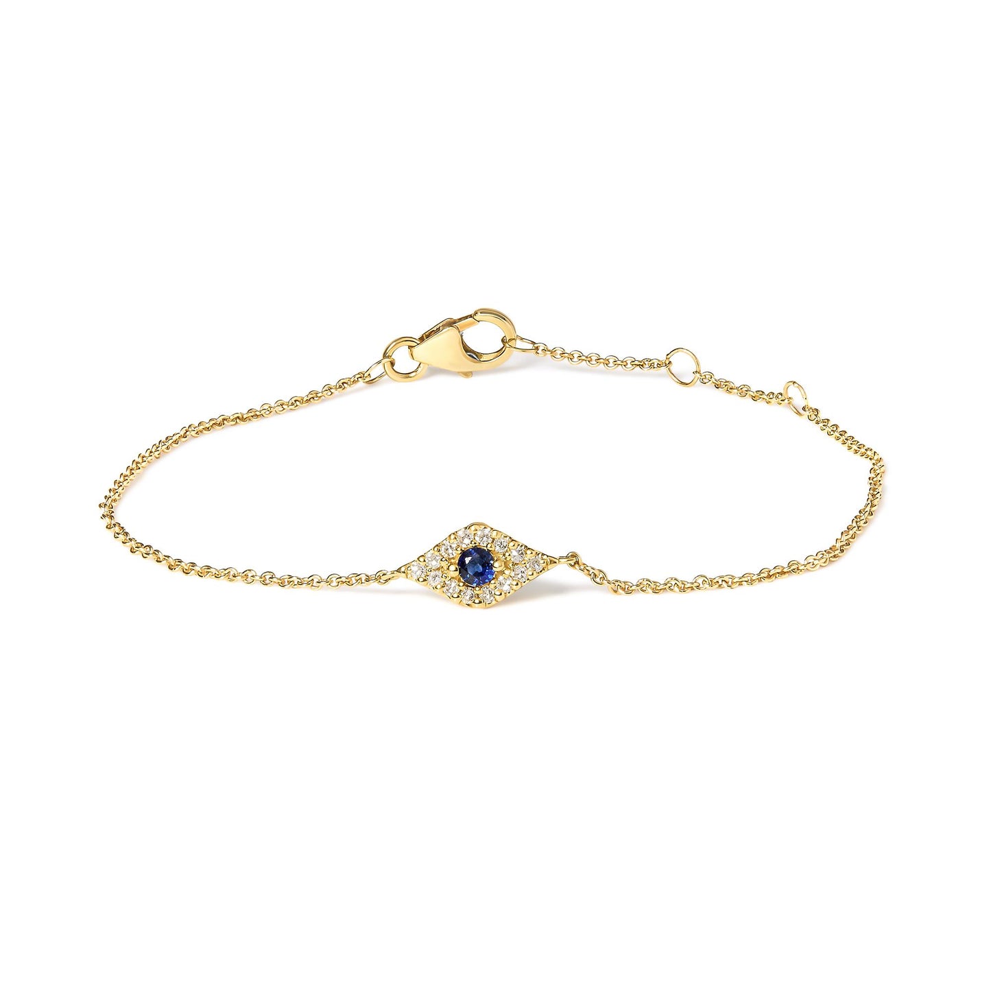 Yellow bracelet with a central diamond-shaped element featuring a round blue gemstone surrounded by small white gemstones, shown in a flat close-up view.