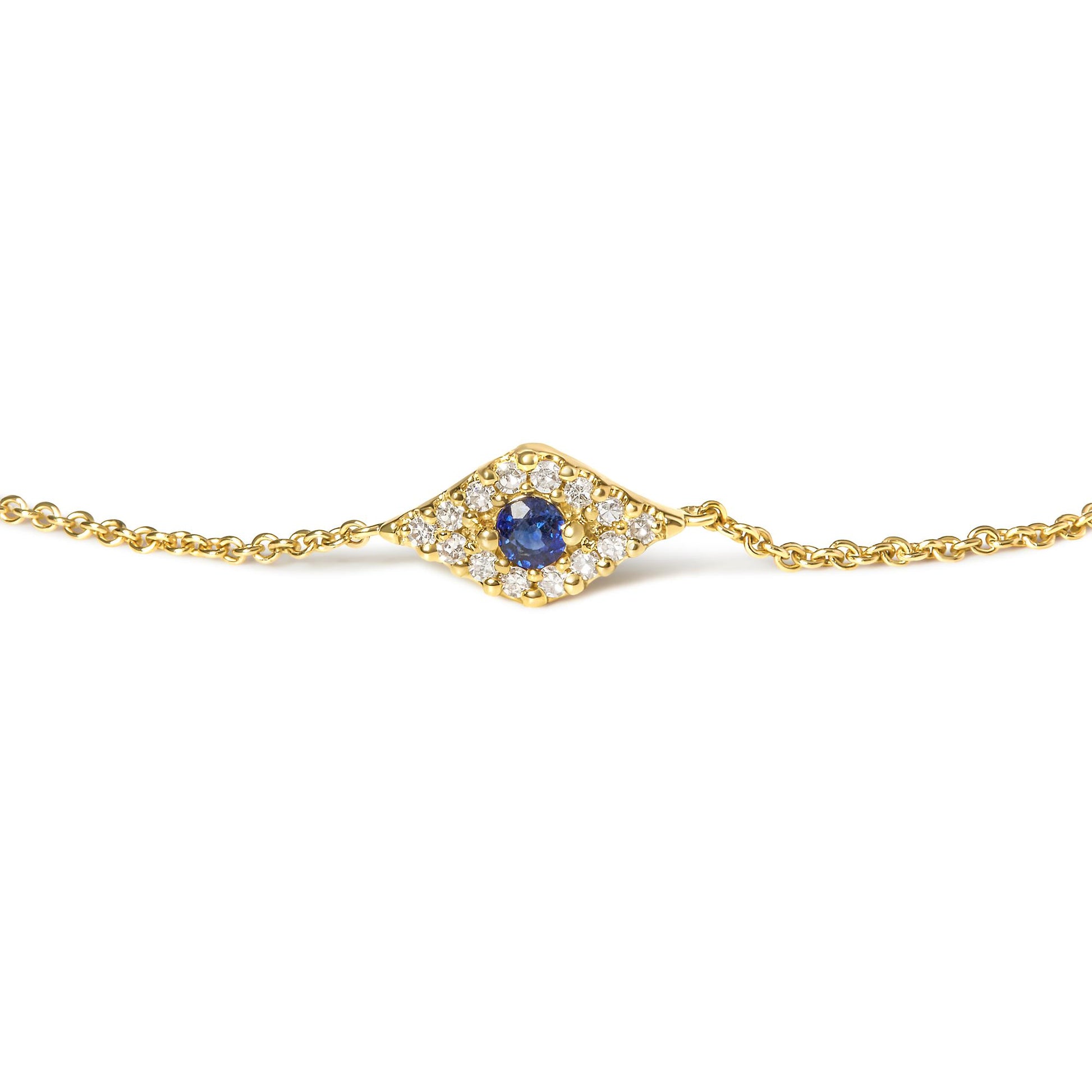 Yellow metal bracelet with a central blue gemstone surrounded by small white gemstones in a diamond-shaped setting, shown in a front-facing close-up.