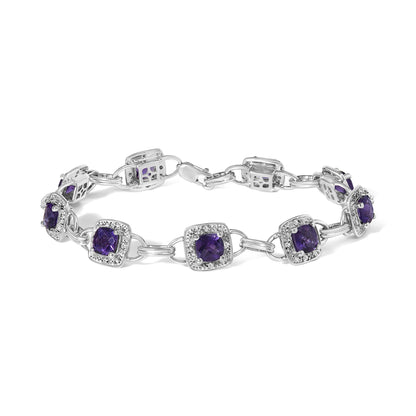 10K White Gold Cushion Cut Purple Amethyst and Diamond Halo Link Bracelet