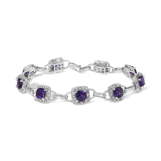 10K White Gold Cushion Cut Purple Amethyst and Diamond Halo Link Bracelet