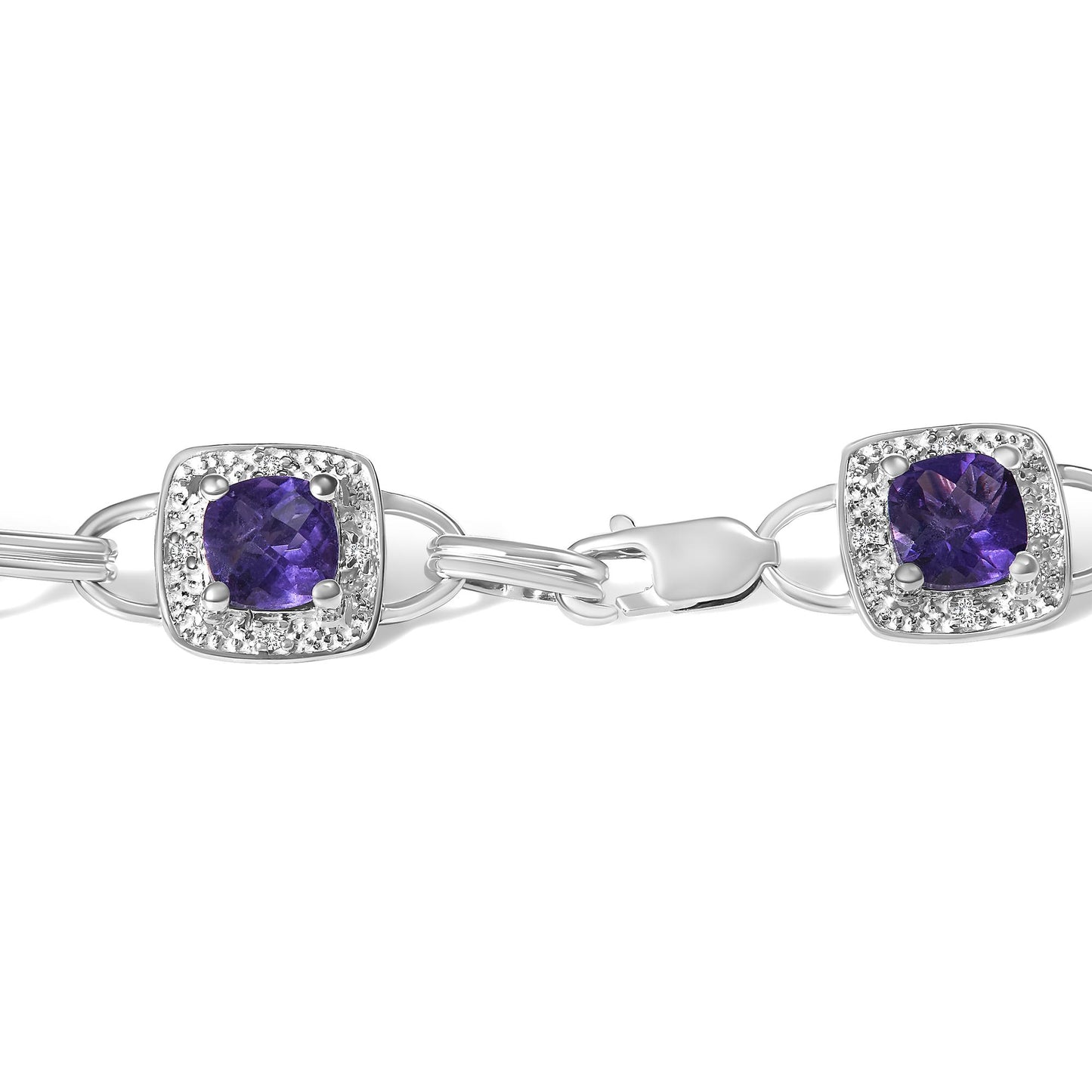 10K White Gold Cushion Cut Purple Amethyst and Diamond Halo Link Bracelet