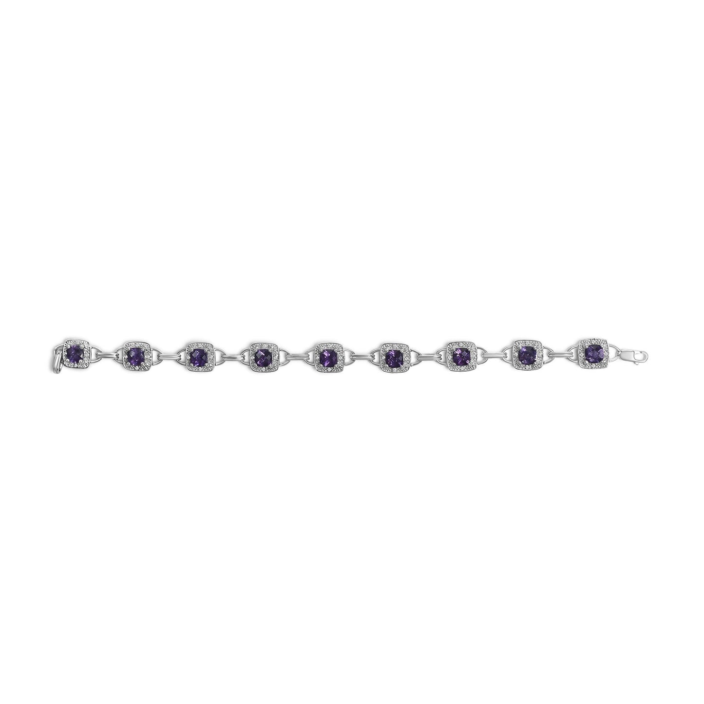10K White Gold Cushion Cut Purple Amethyst and Diamond Halo Link Bracelet