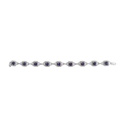 10K White Gold Cushion Cut Purple Amethyst and Diamond Halo Link Bracelet