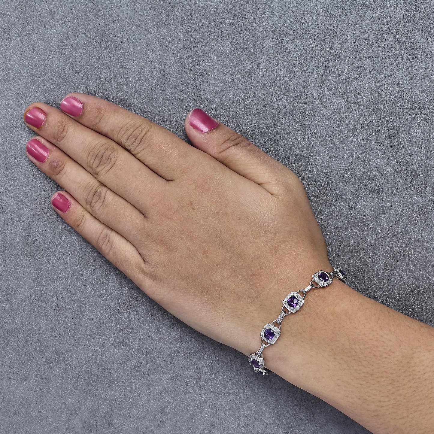 10K White Gold Cushion Cut Purple Amethyst and Diamond Halo Link Bracelet