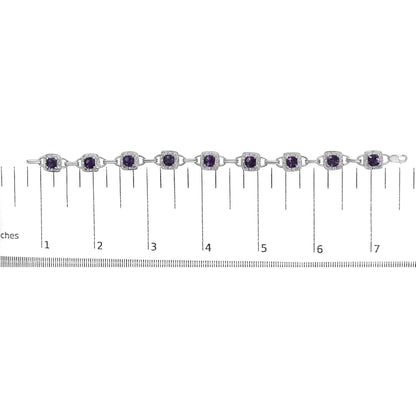 10K White Gold Cushion Cut Purple Amethyst and Diamond Halo Link Bracelet