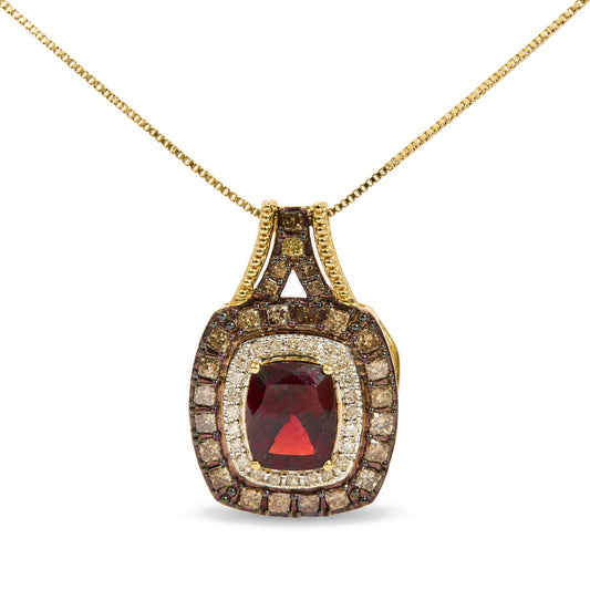 Close-up front view of a yellow metal necklace with a pendant featuring a large red cushion-shaped gemstone surrounded by multiple rows of champagne and white princess-shaped gemstones in prong settings.