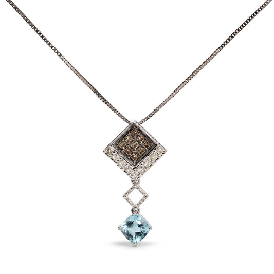 Front view of 10K white gold geometric pendant necklace with diamond square cluster and created cushion blue topaz