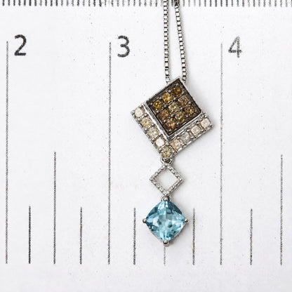 10K White Gold 5/8 Cttw Diamond and Created Cushion Blue Topaz Geometric Drop Pendant Necklace
