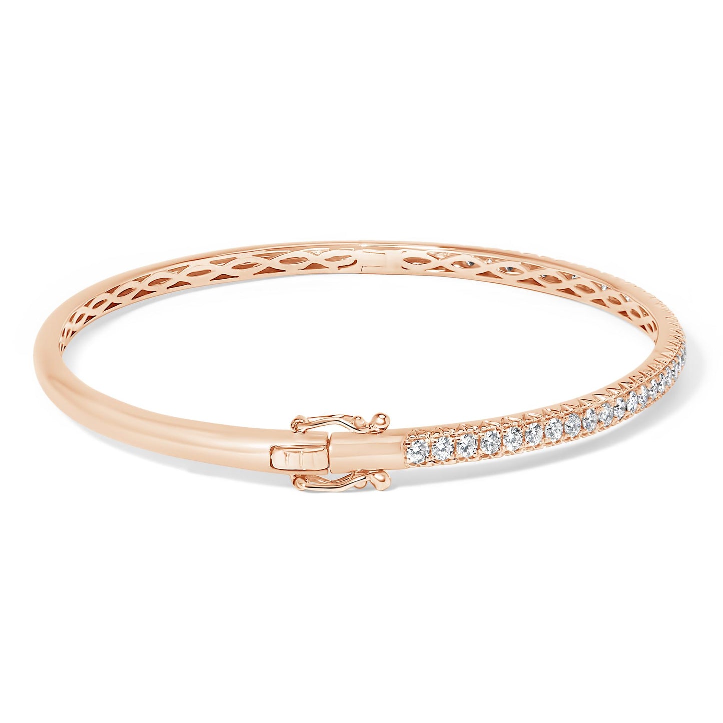 Rose-colored bracelet with a row of white round pave-set gemstones, shown from a slightly angled top view.