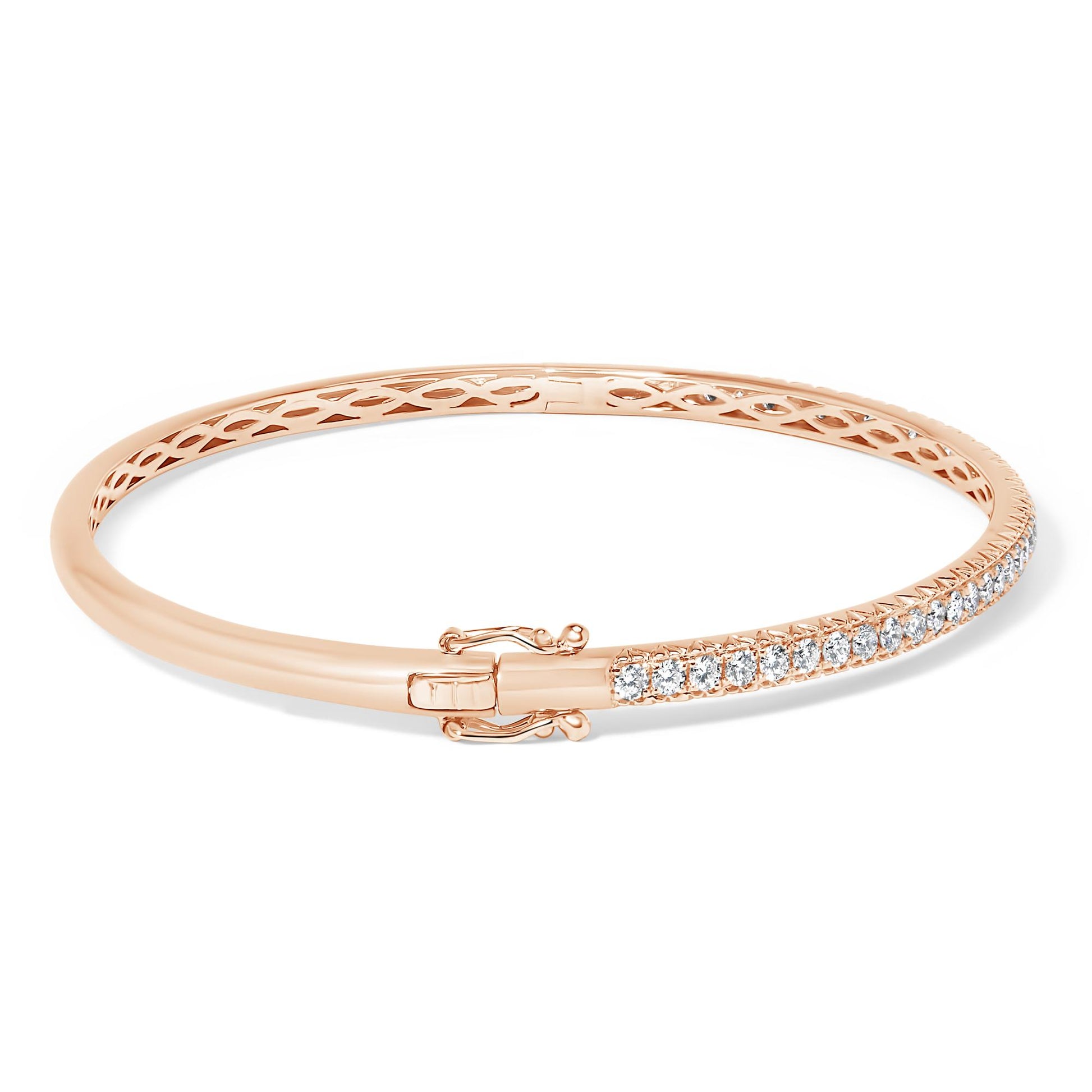 Rose-colored bracelet with a row of white round pave-set gemstones, shown from a slightly angled top view.