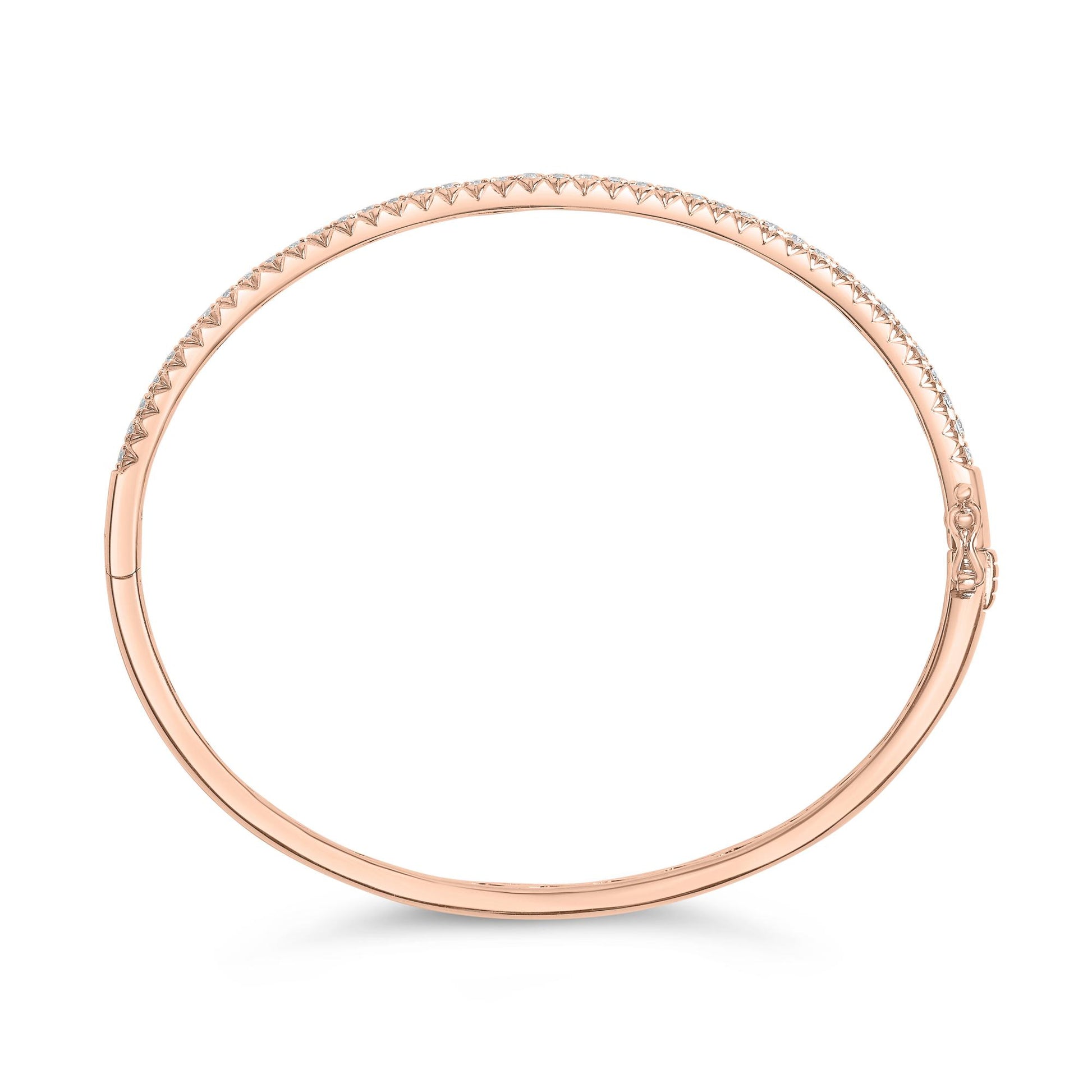 Rose metal bracelet with a row of round white gemstones in a pave setting, shown from the top angle on a white background.