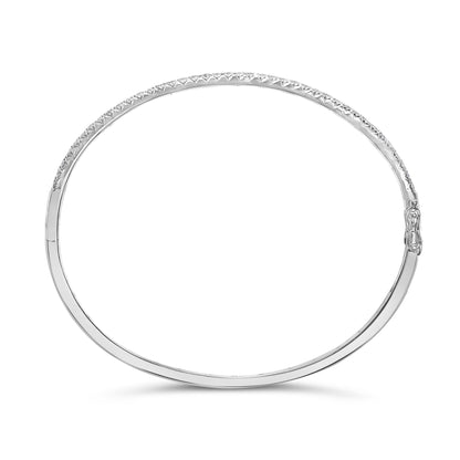 Top-down view of a white metal bracelet featuring a row of round, white gemstones in a pave setting along the upper half of the band.
