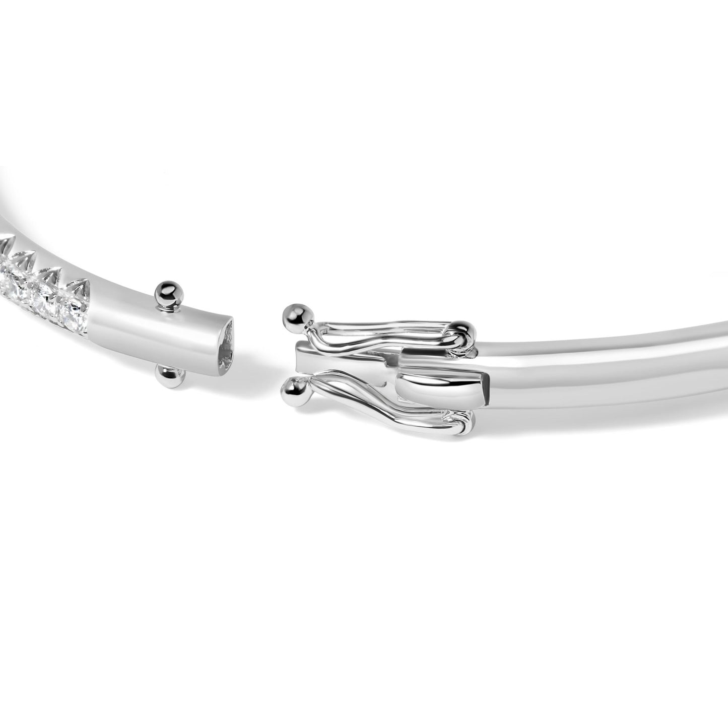 Close-up front angle of a white metal bracelet clasp with round white gemstones in pave setting.