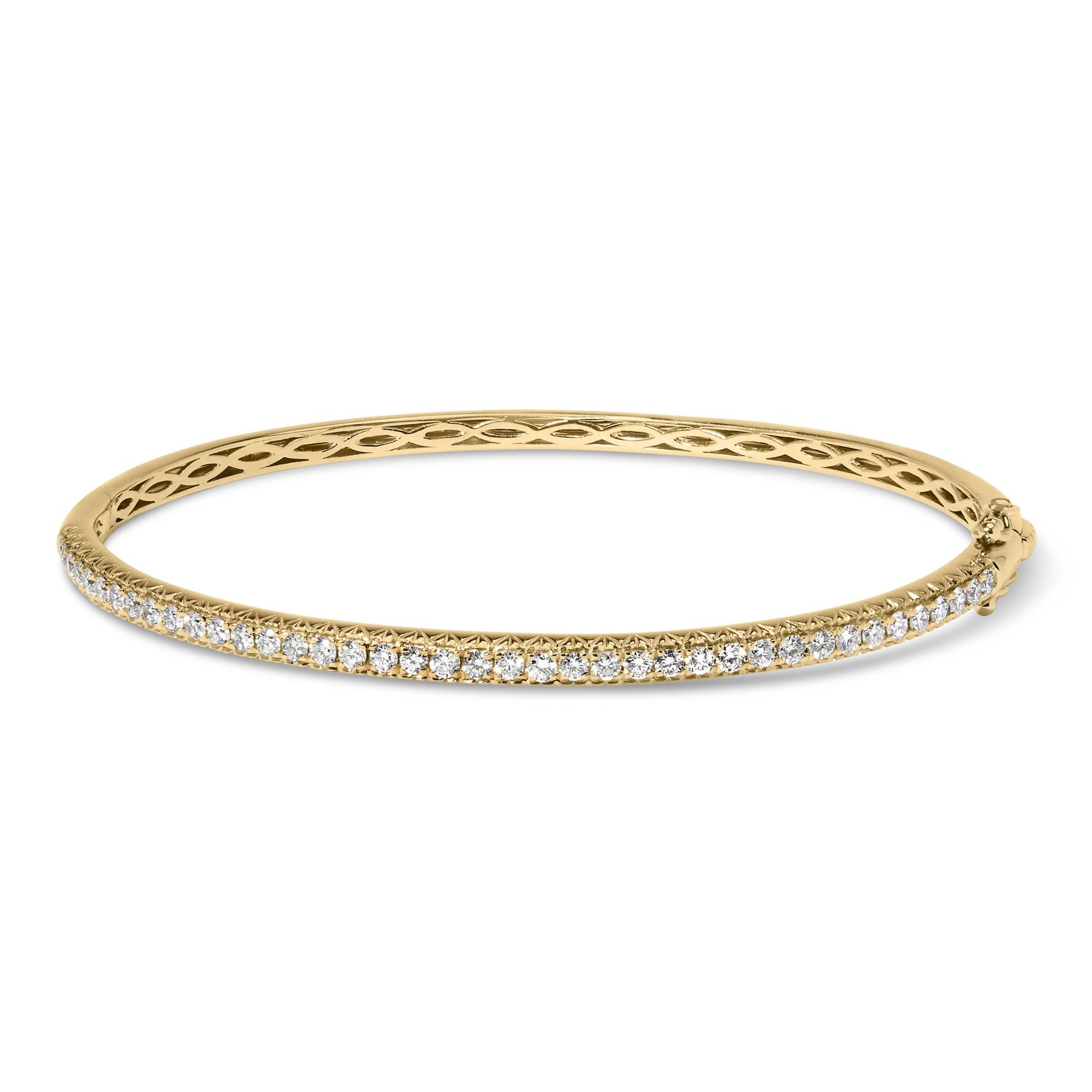 Yellow bracelet with a row of white round gemstones in pave setting, shown from a slightly angled side view.