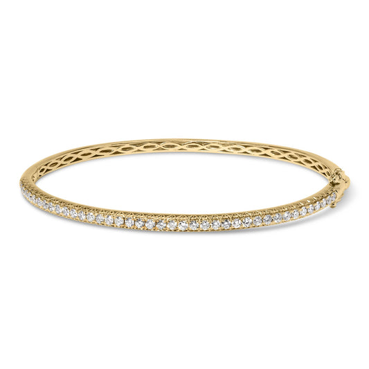 Yellow bracelet with a row of white round gemstones in pave setting, shown from a slightly angled side view.