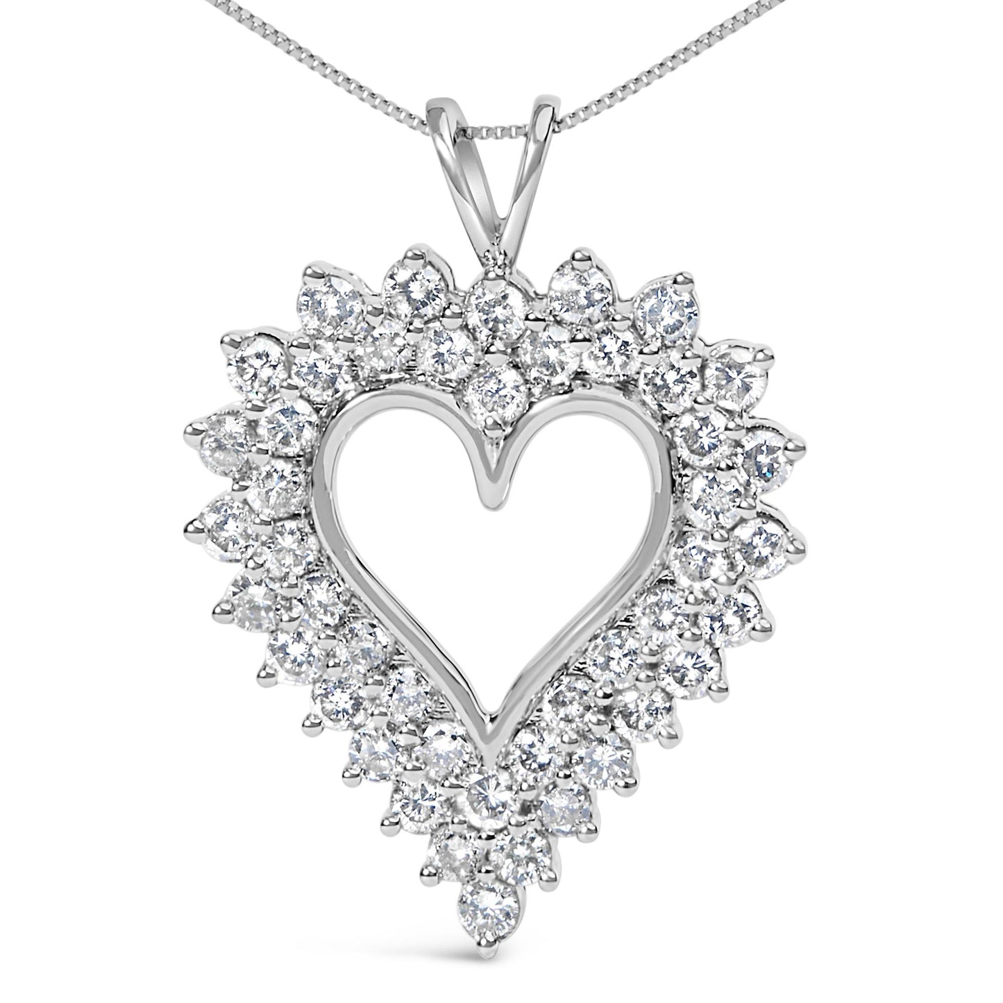 Front view of a white metal heart-shaped necklace pendant surrounded by round brownish prong-set gemstones.