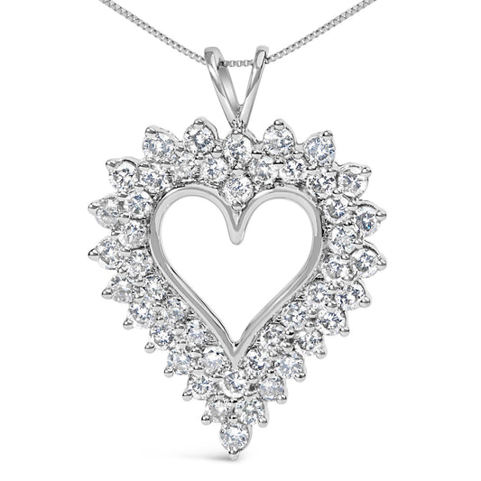 Front view of a white metal heart-shaped necklace pendant surrounded by round brownish prong-set gemstones.