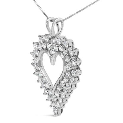 White metal heart-shaped pendant necklace with round prong-set white gemstones, shown in a close-up angled view.