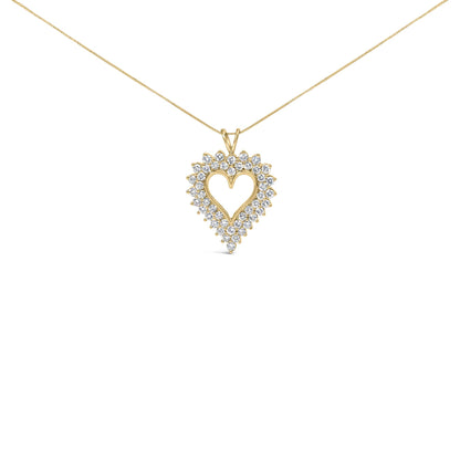 Front view of a yellow metal heart-shaped necklace pendant with round prong-set brownish gemstones surrounding the open center, on a chain.