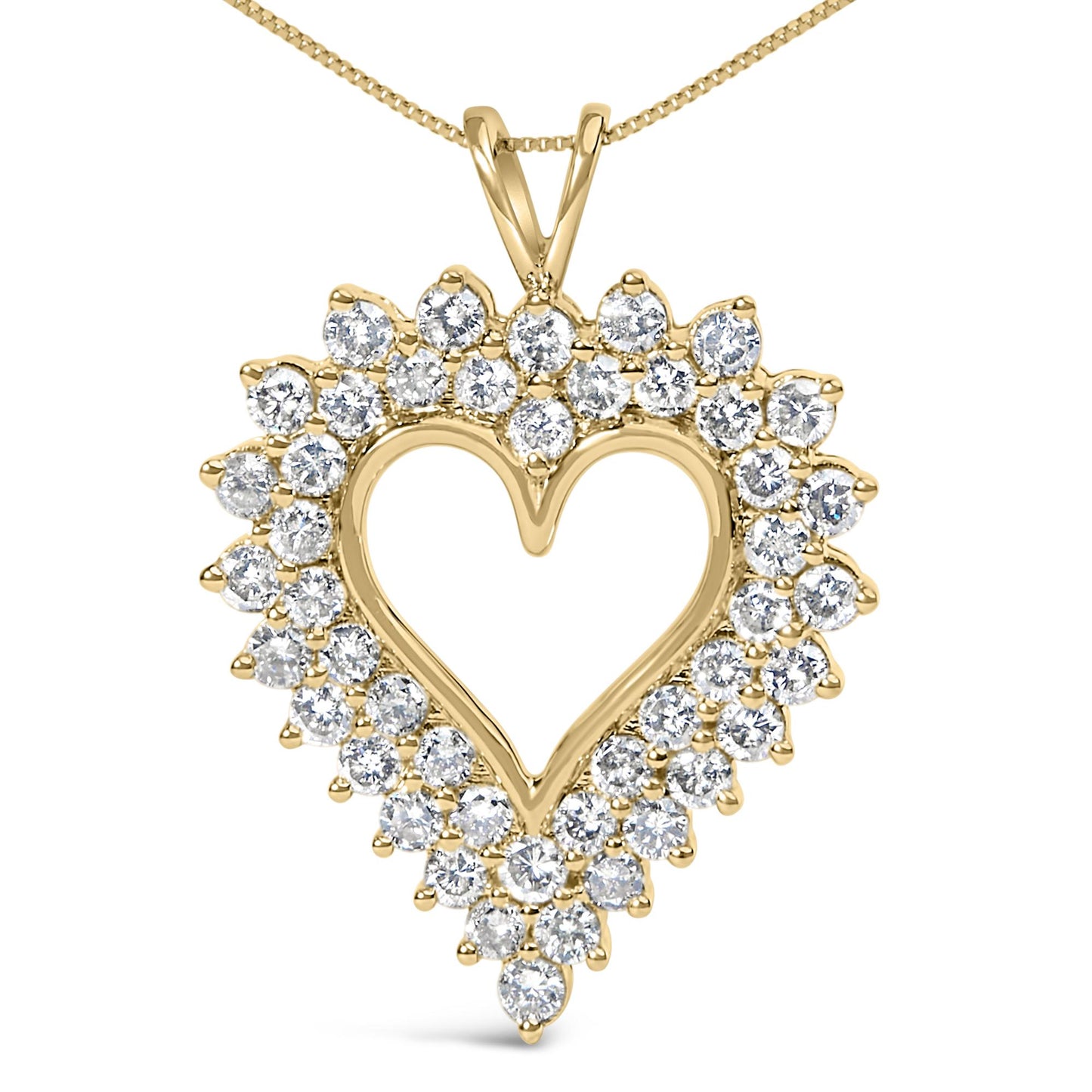 Front view of a yellow metal heart-shaped necklace pendant with round prong-set white gemstones surrounding the open heart center.