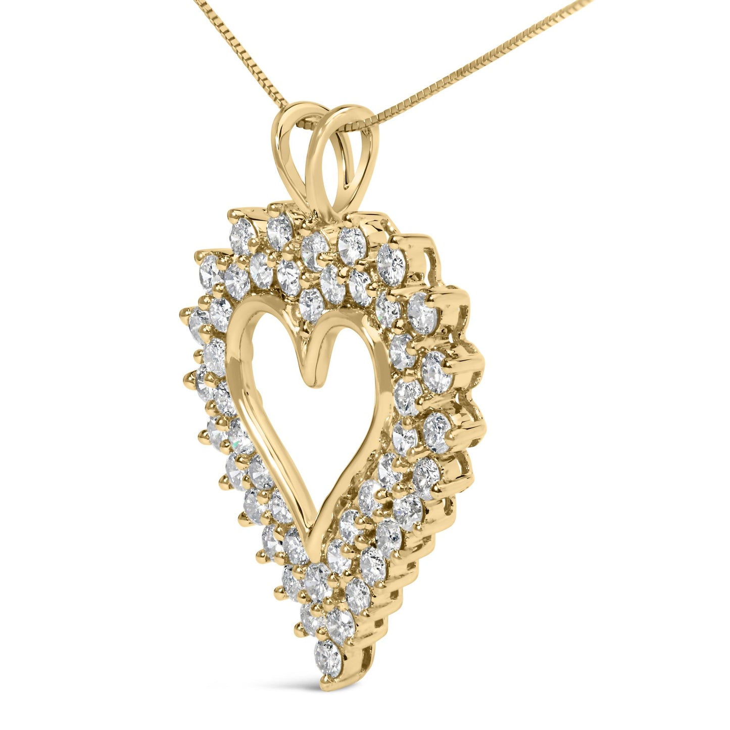 Close-up angled view of a yellow metal heart-shaped necklace pendant with two rows of round, prong-set white gemstones surrounding an open center, hanging from a delicate chain.