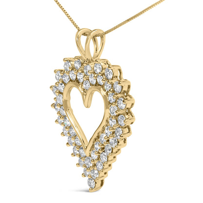 Close-up angled view of a yellow metal heart-shaped necklace pendant with two rows of round, prong-set white gemstones surrounding an open center, hanging from a delicate chain.