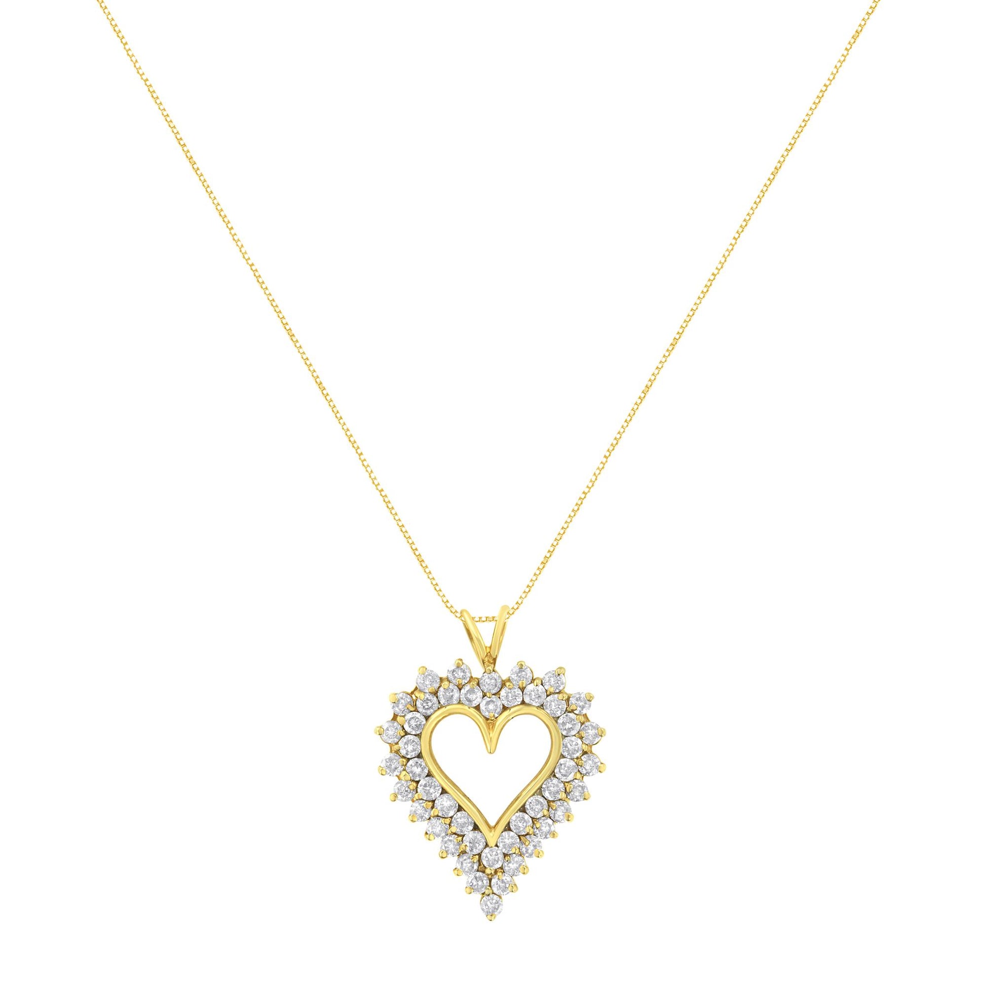 Front-facing image of a yellow metal heart-shaped necklace pendant surrounded by prong-set round white gemstones on a thin chain.
