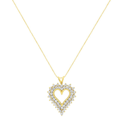 Front-facing image of a yellow metal heart-shaped necklace pendant surrounded by prong-set round white gemstones on a thin chain.