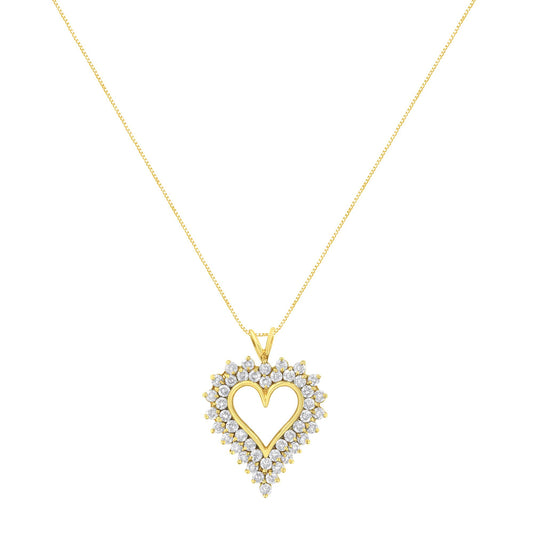 Front-facing image of a yellow metal heart-shaped necklace pendant surrounded by prong-set round white gemstones on a thin chain.