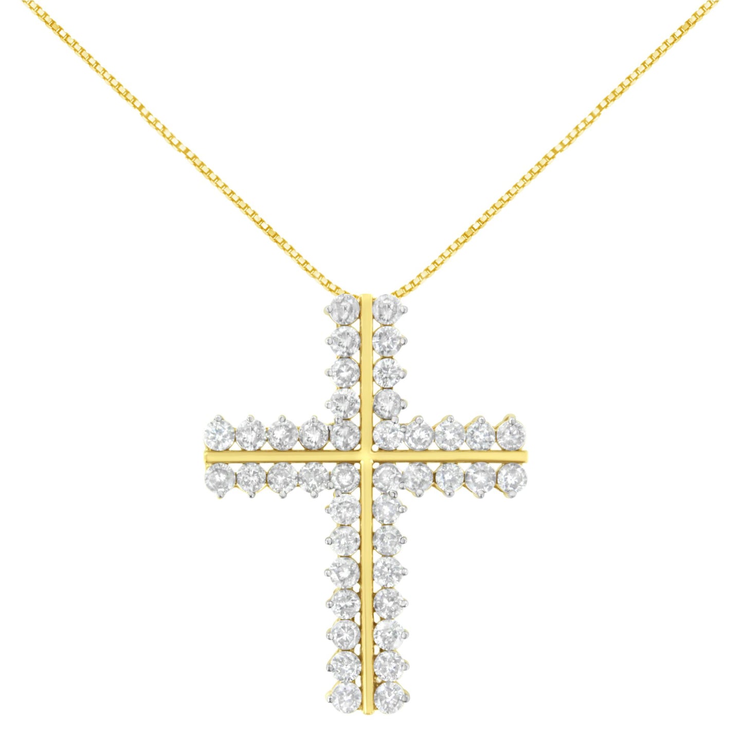 Front view of a yellow metal cross-shaped necklace pendant with round white gemstones in prong settings, suspended on a yellow chain.