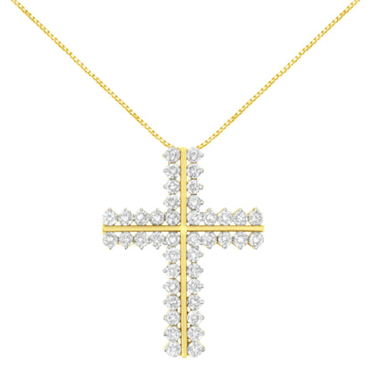 Front view of a yellow metal cross-shaped necklace pendant with round white gemstones in prong settings, suspended on a yellow chain.