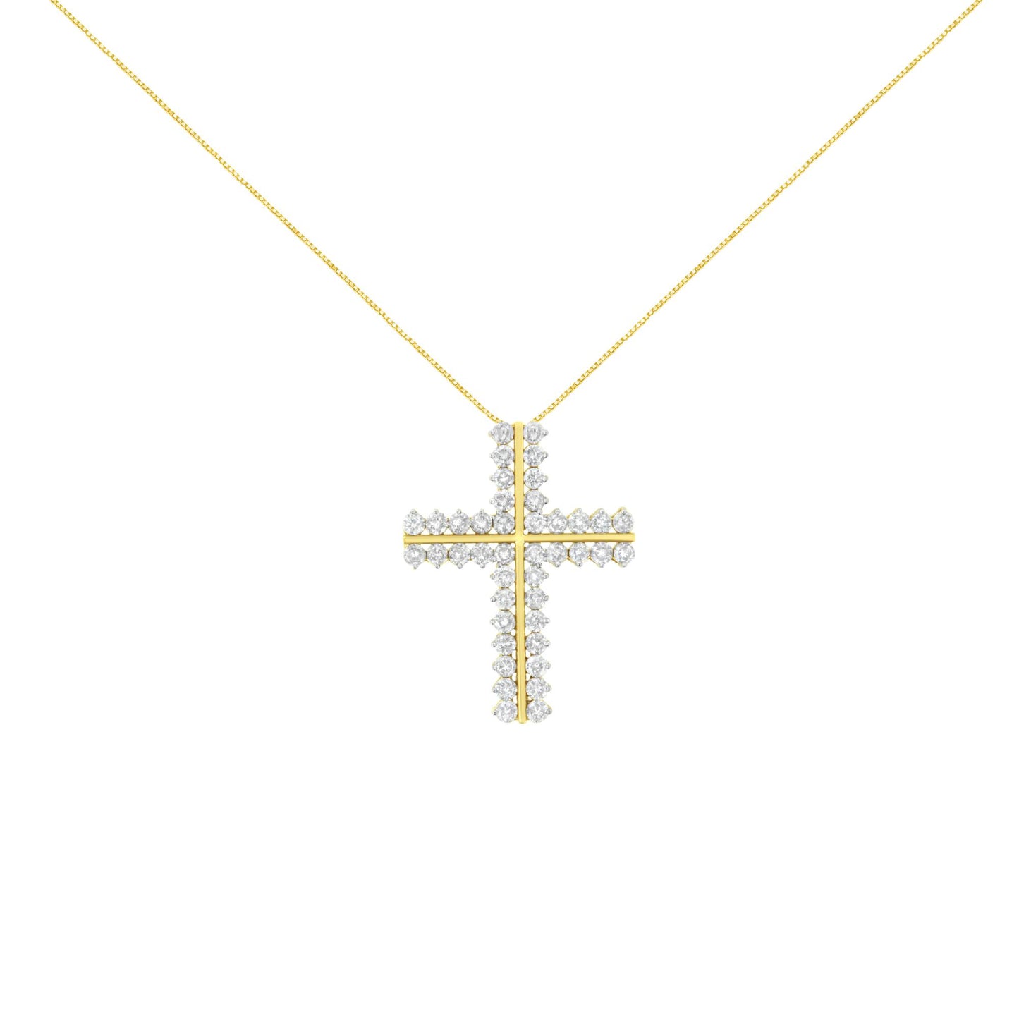 Front-facing view of a yellow metal cross-shaped necklace pendant adorned with round white gemstones in prong settings, suspended from a delicate chain.