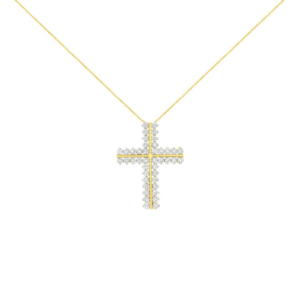 Front-facing view of a yellow metal cross-shaped necklace pendant adorned with round white gemstones in prong settings, suspended from a delicate chain.