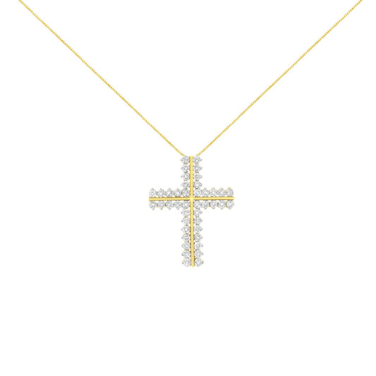 Front-facing view of a yellow metal cross-shaped necklace pendant adorned with round white gemstones in prong settings, suspended from a delicate chain.