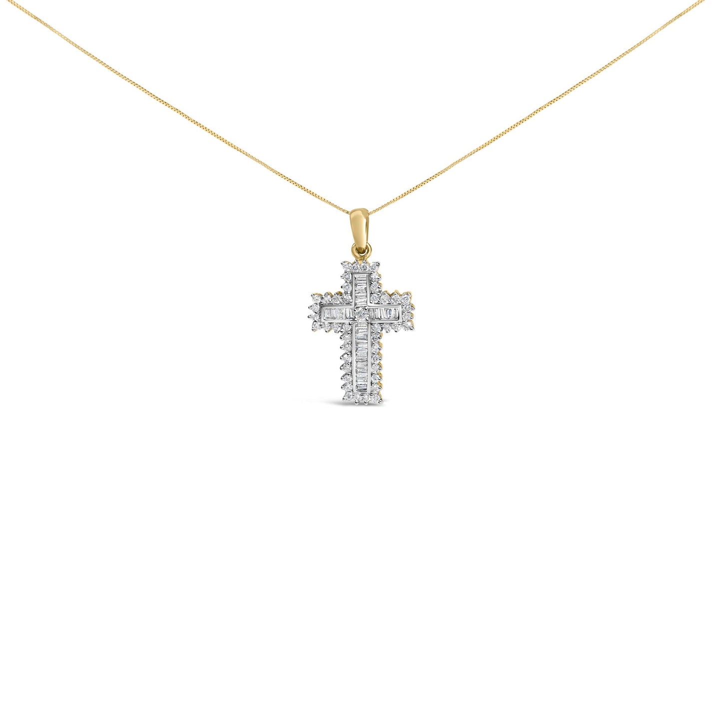 Front-facing shot of a yellow metal cross-shaped necklace pendant adorned with white round gemstones in prong settings along the edges and white baguette gemstones in channel settings forming the cross interior, shown on a chain against a white background.