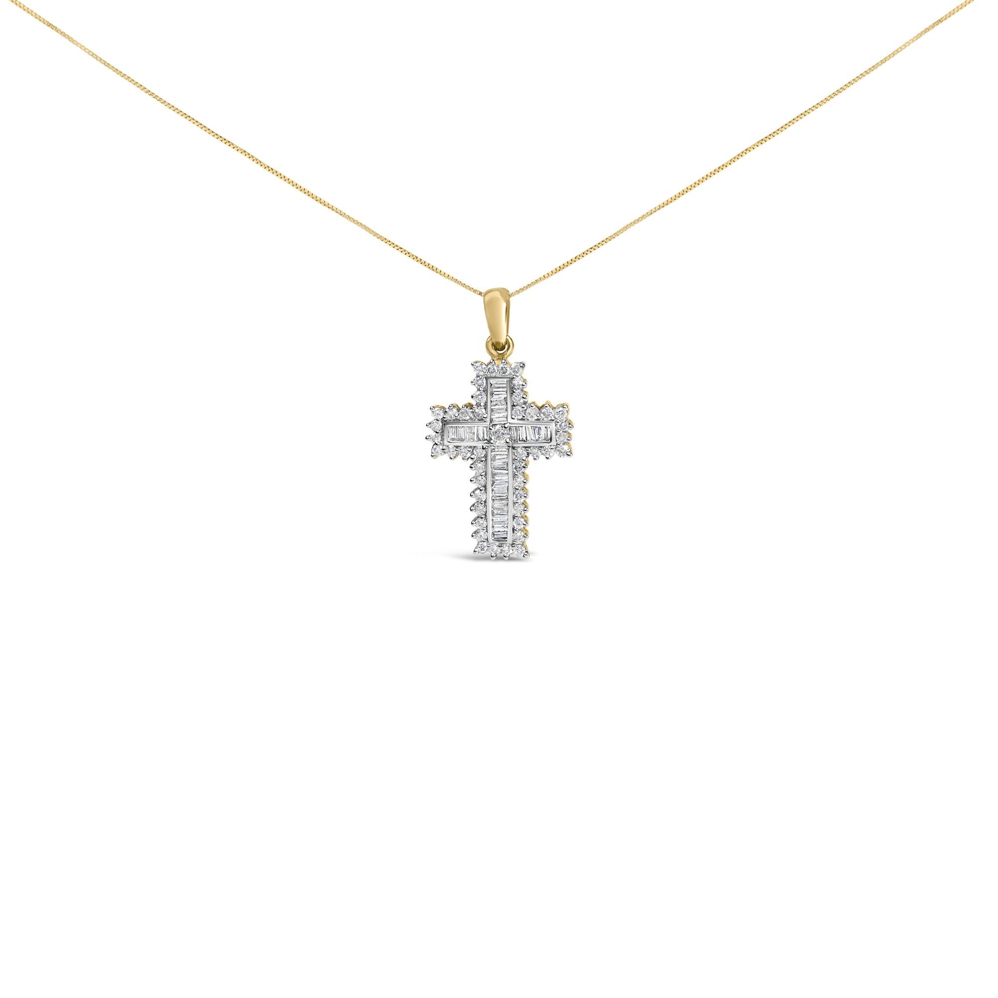 Front-facing shot of a yellow metal cross-shaped necklace pendant adorned with white round gemstones in prong settings along the edges and white baguette gemstones in channel settings forming the cross interior, shown on a chain against a white background.