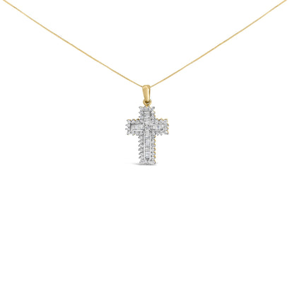 Front-facing shot of a yellow metal cross-shaped necklace pendant adorned with white round gemstones in prong settings along the edges and white baguette gemstones in channel settings forming the cross interior, shown on a chain against a white background.