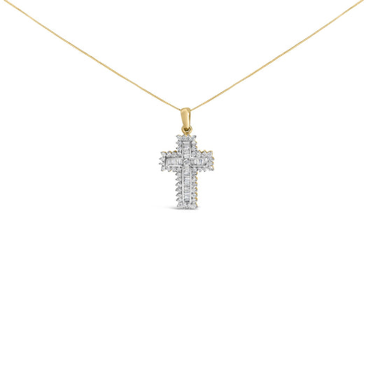Front-facing shot of a yellow metal cross-shaped necklace pendant adorned with white round gemstones in prong settings along the edges and white baguette gemstones in channel settings forming the cross interior, shown on a chain against a white background.
