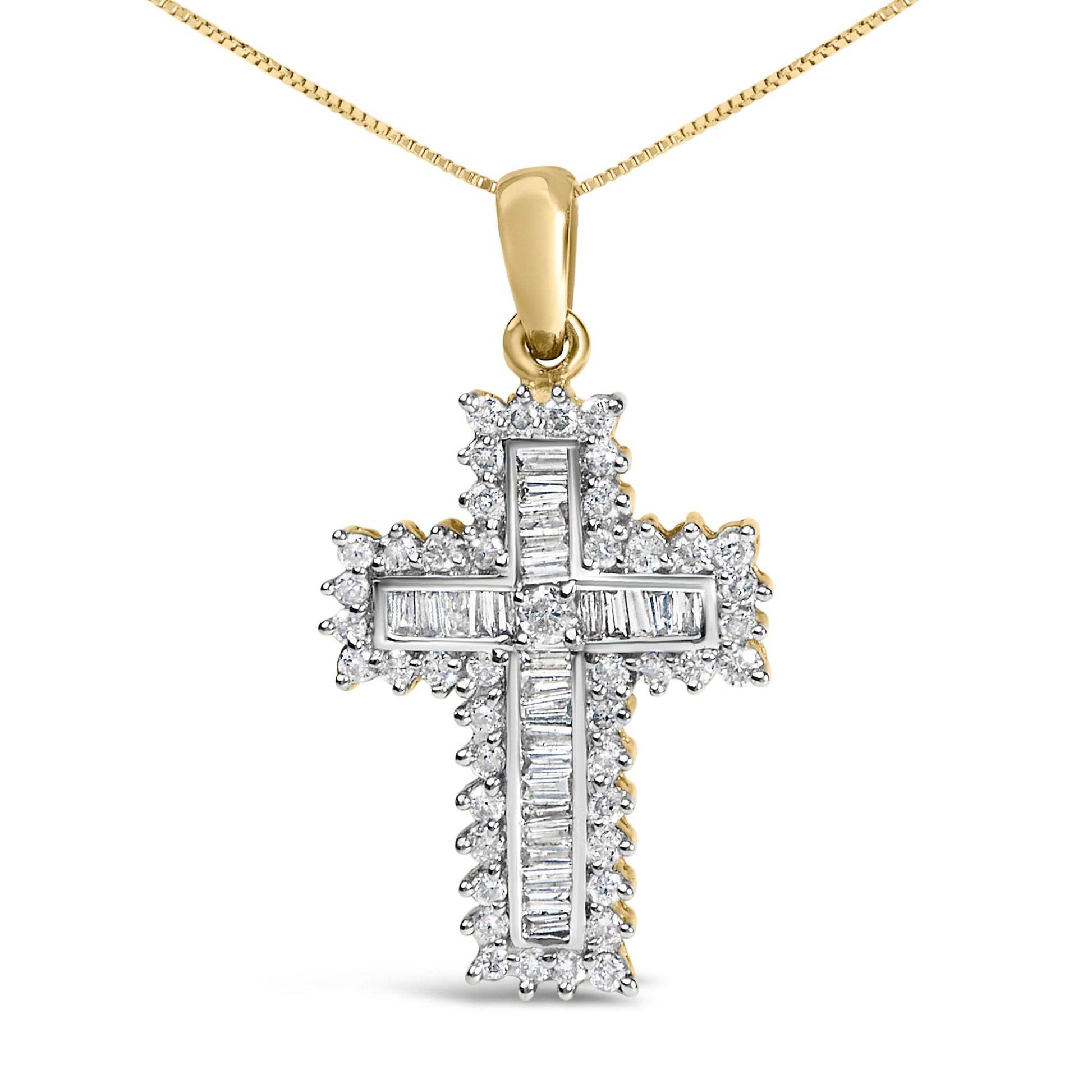 Front-facing close-up of a yellow metal cross-shaped pendant necklace with white round gemstones in prong settings surrounding white baguette gemstones in channel settings.