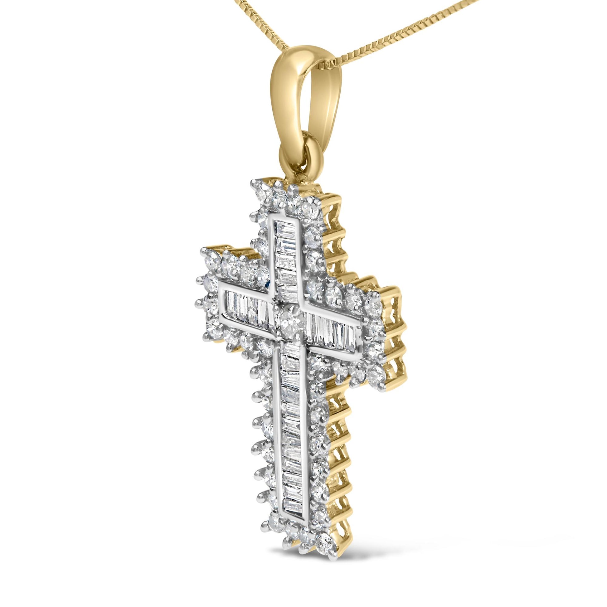 Yellow metal cross-shaped necklace pendant with white round gemstones in prong settings surrounding the edges and white baguette gemstones in channel settings forming a cross pattern, shown in a close-up angle.