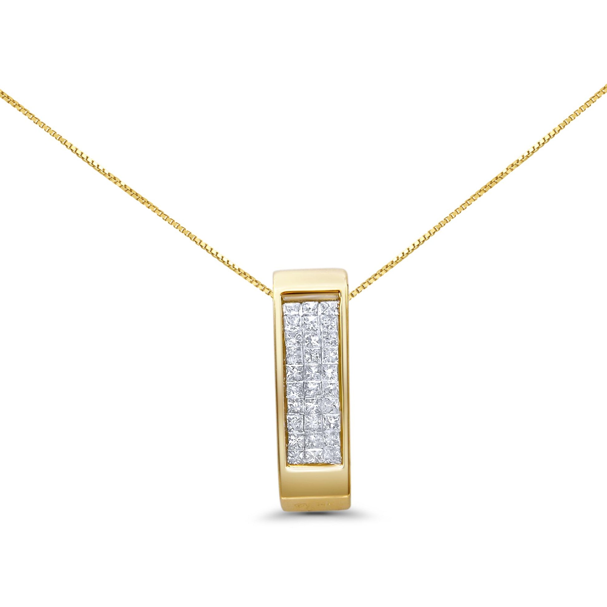 Front view of a yellow metal necklace with a rectangular pendant featuring multiple white gemstones in a grid pattern with invisible setting.
