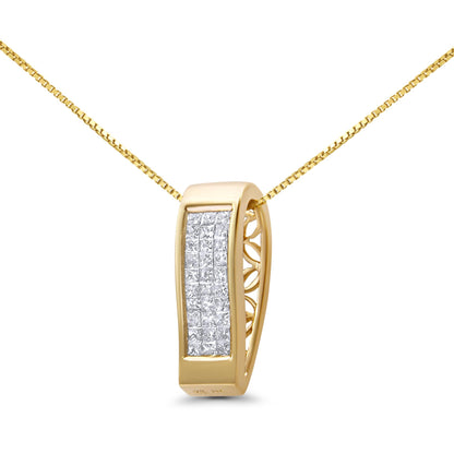 Close-up front angle of a yellow metal necklace pendant with a rectangular surface set with square white gemstones in an invisible setting.