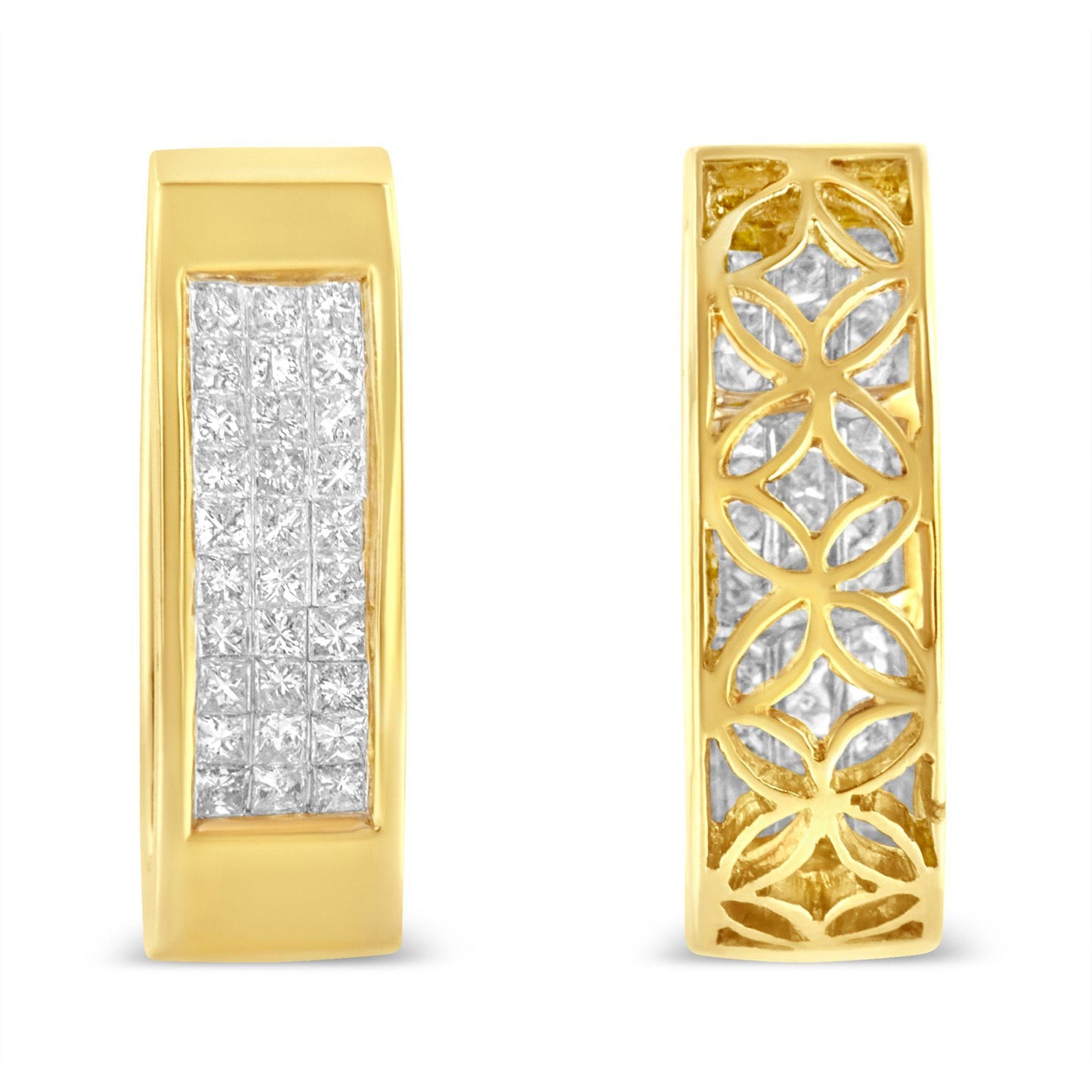 Front and back views of a yellow necklace with a rectangular section featuring white princess cut gemstones in an invisible setting and an intricate floral cutout pattern on the reverse side.